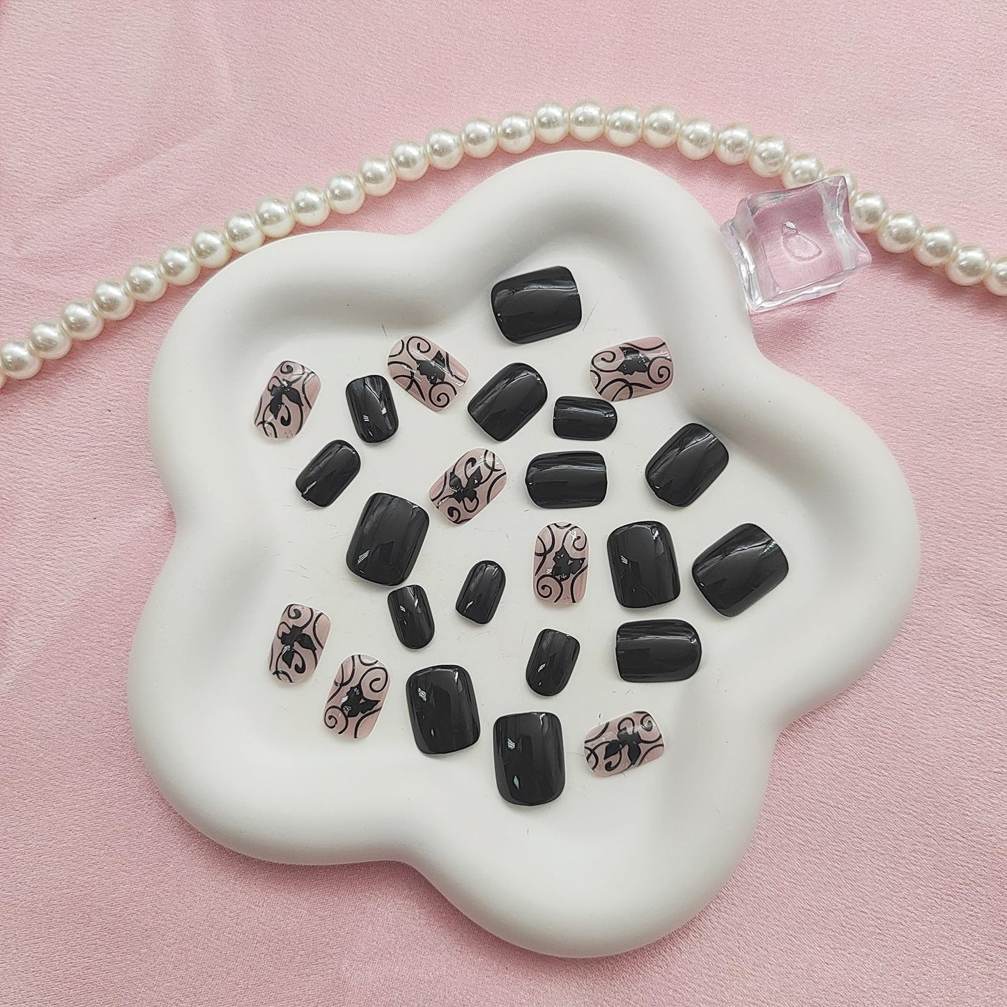 Acrylic Press On Nails - Short Square Fake Nails with Black Butterfly Designs - 24 Pcs Glossy Glue On Nails for Women