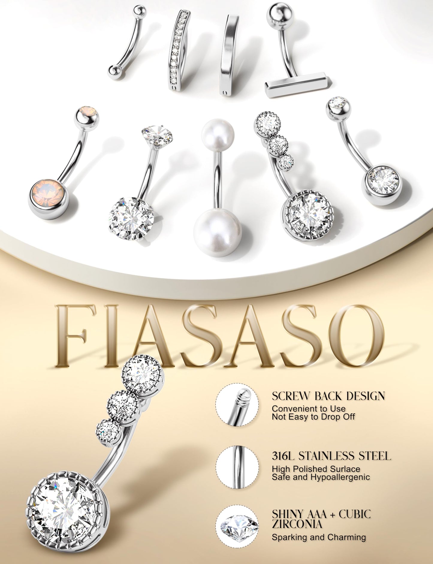 FIASASO 9 Pcs Belly Button Ring Surgical Stainless Steel Belly Rings CZ Belly Button Ring Clicker Belly Piercings for Women Navel Piercings Pack Silver