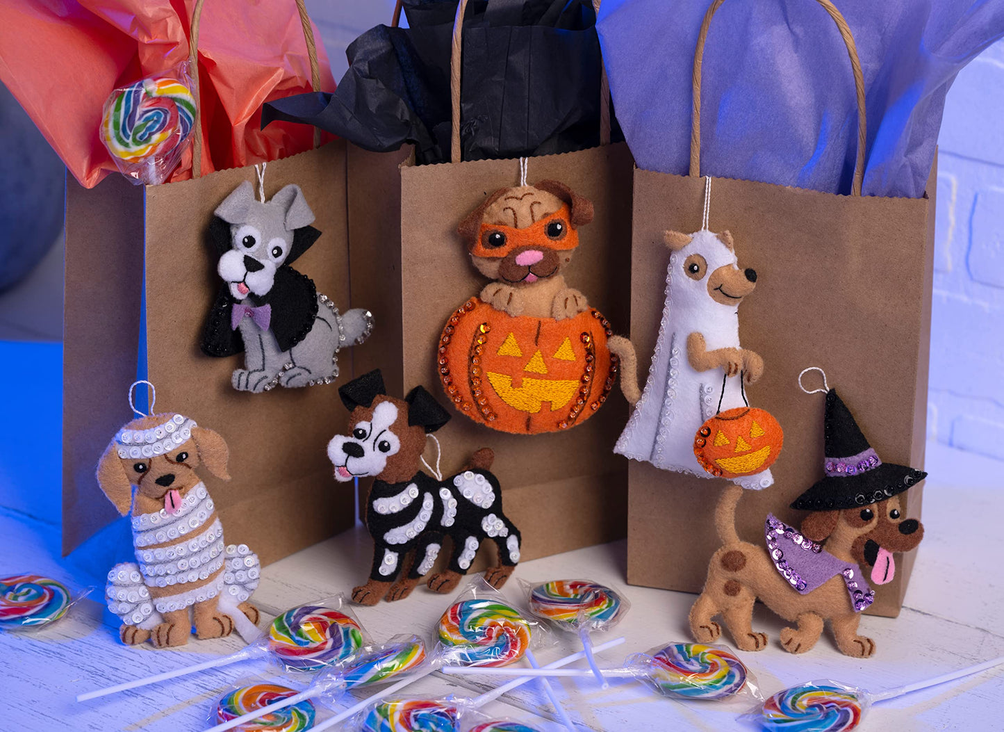 Bucilla Felt Applique 6 Piece Ornament Making Kit, Trick or Treat Puppies, Perfect for DIY Arts and Crafts, 89515E