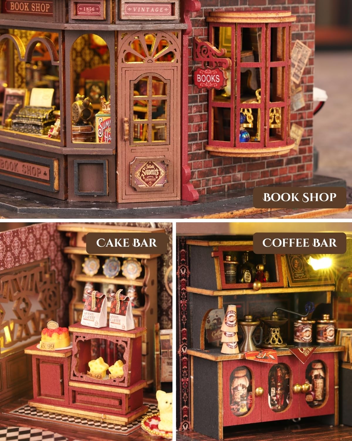 Merrifete Letter Coffee DIY Miniature House Kit with LED Light - Assembled Dollhouse Kit for Shelf Decor - Wood 3D Puzzles Tiny House Book Nook - Creative Gift for Adults at Birthday Christmas