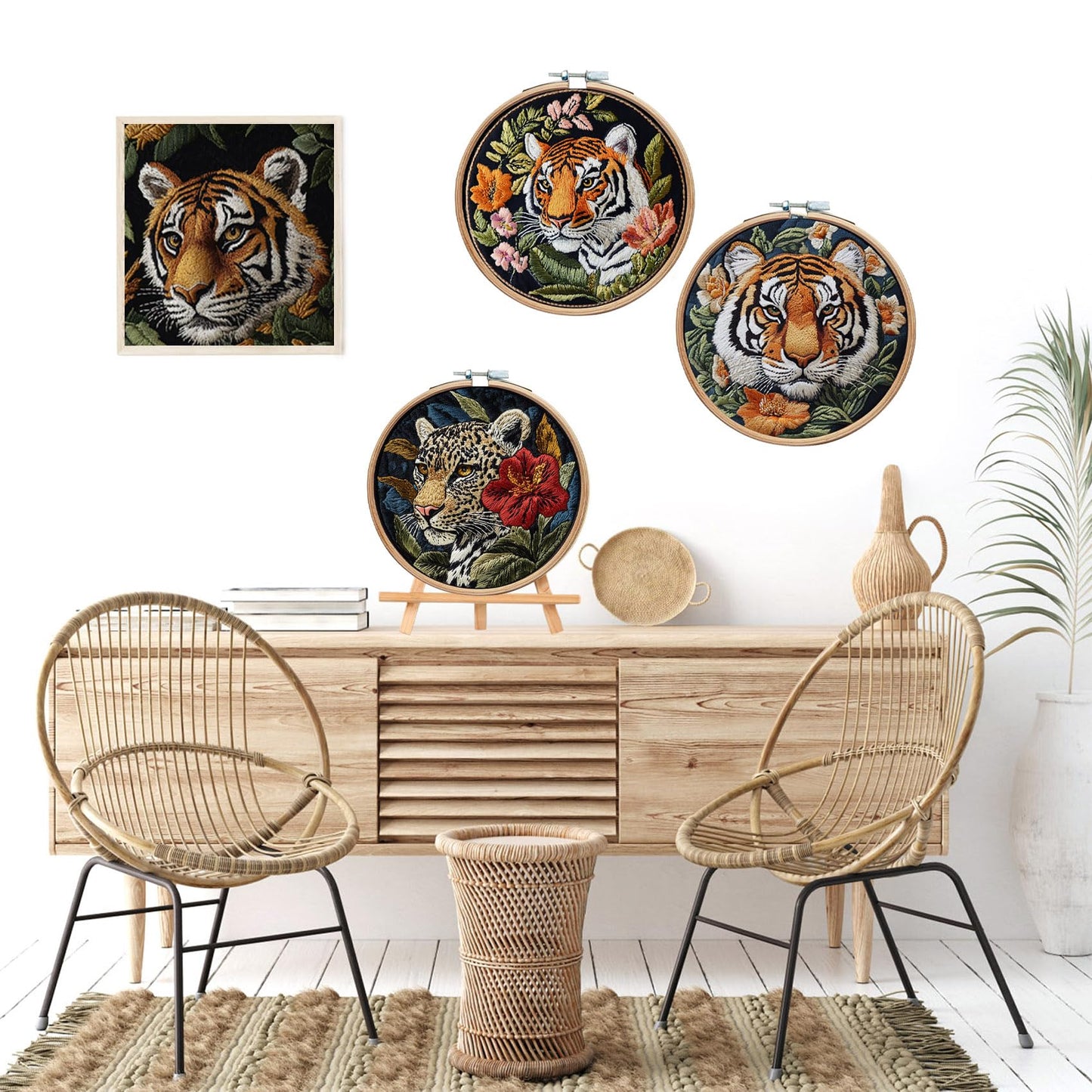 LB 4 Pack Wildlife Animal Leopard Embroidery Kit for Beginners Green Leaf Beginner Embroidery Kit for Adults DIY Starter Kit with Embroidery Hoop Colorful Threads Tools Step by Step Instructions