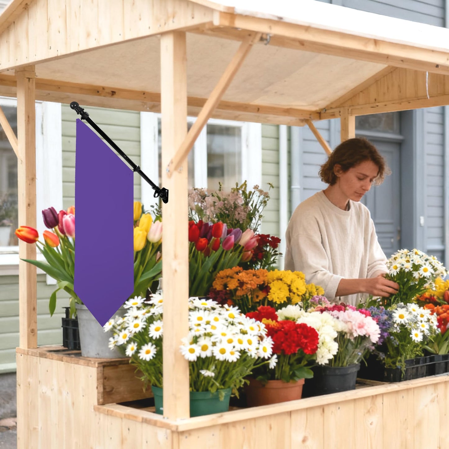 Farm Stand Blank Flag with Pole Kit, 12x42 Inch Double-Layer Heavy-Duty 300D Polyester Banner, DIY Custom Sublimation Vinyl Flag for Garden, Yard, Events, or Outdoor Commercial Display (Purple)