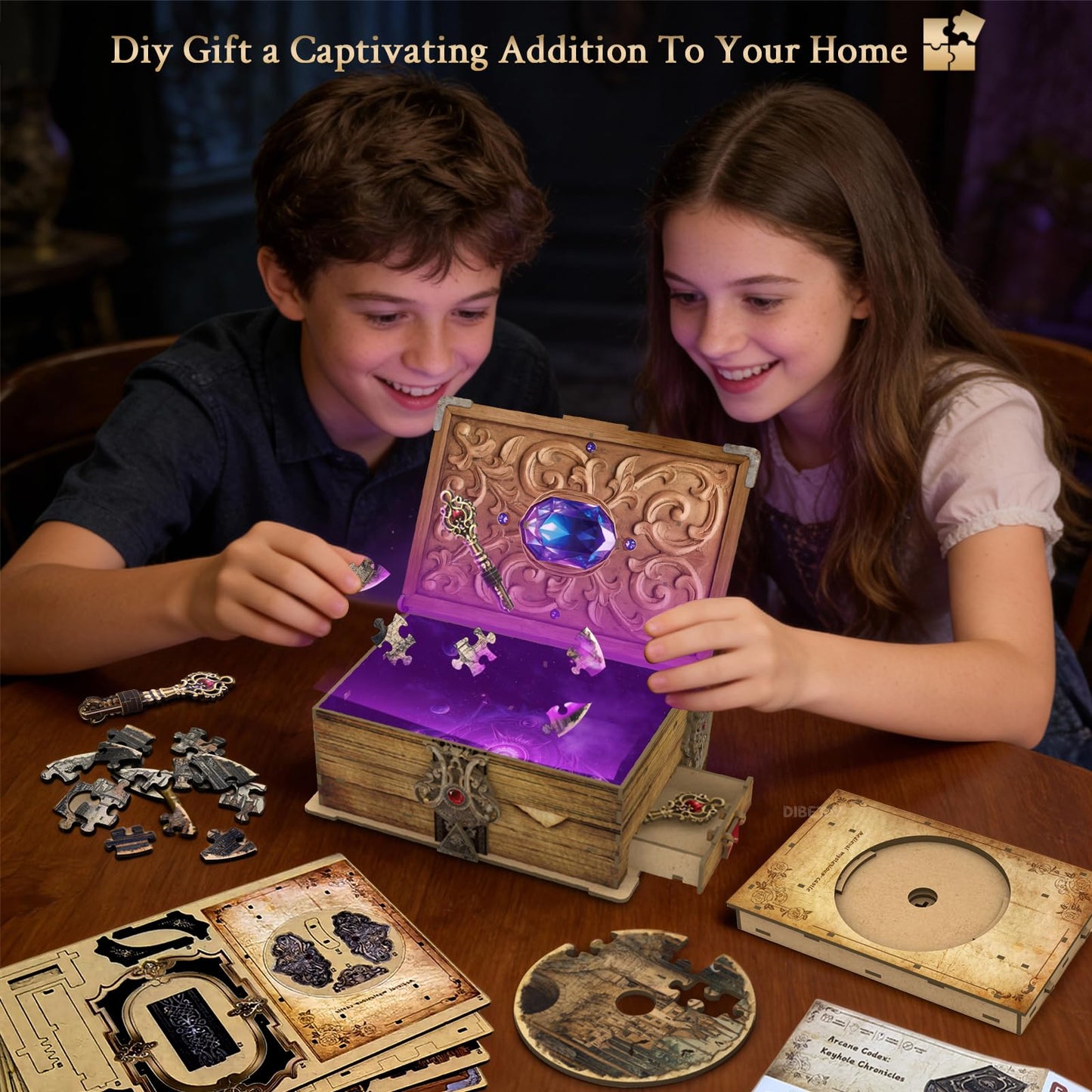 Dibetoy 3D Wooden Puzzles for Adults,DIY Book Nook Kit,Mechanical Treasure Puzzle,Trading Card Storage Box with Lock,3 in 1,DIY Building Mechanical Model Kit for Hobby Enthusiasts
