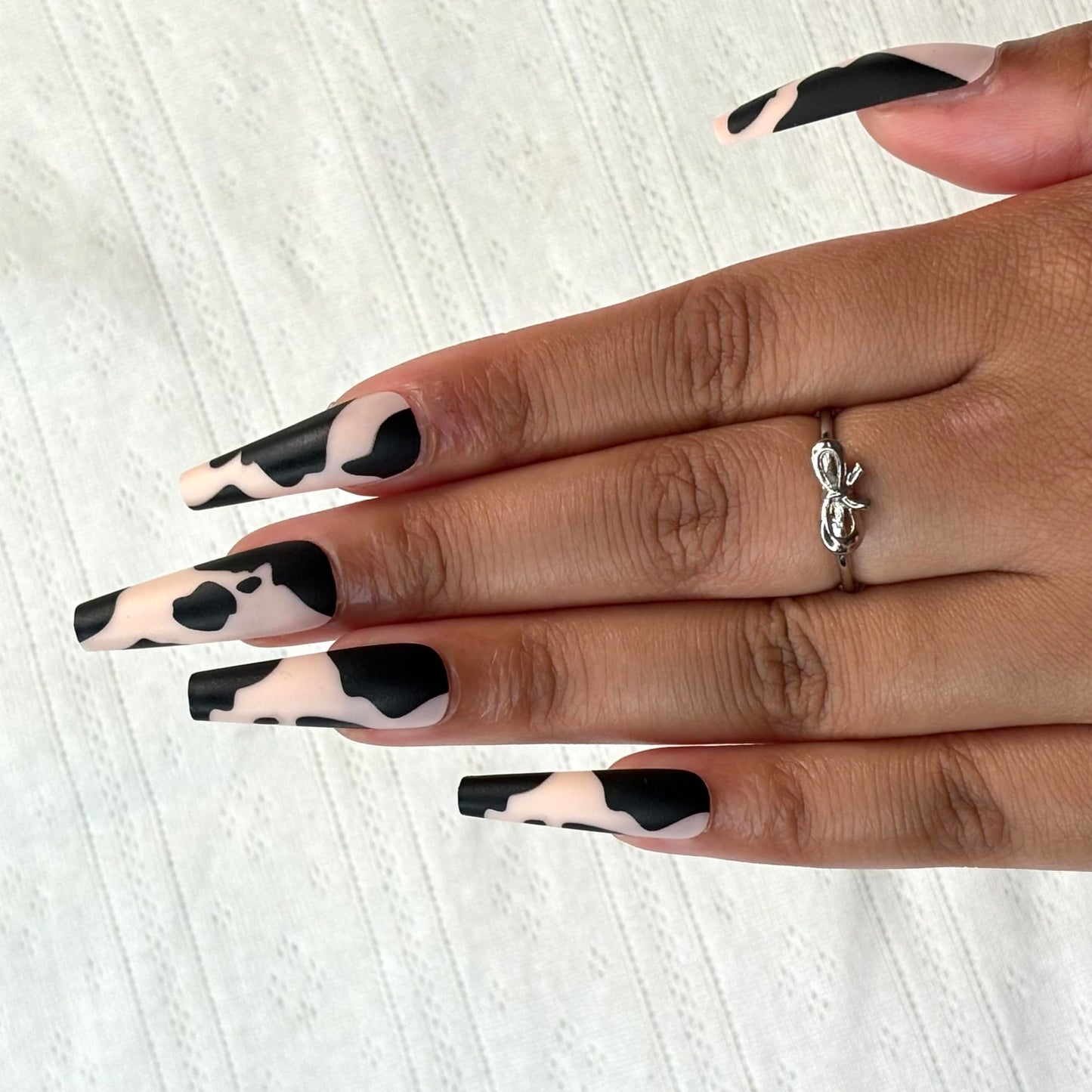 CUTE MOOOOOD Premium Press-On Nails by Lavaa Beauty | Extra-Long Coffin | Black Animal Print on Matte Nude Base