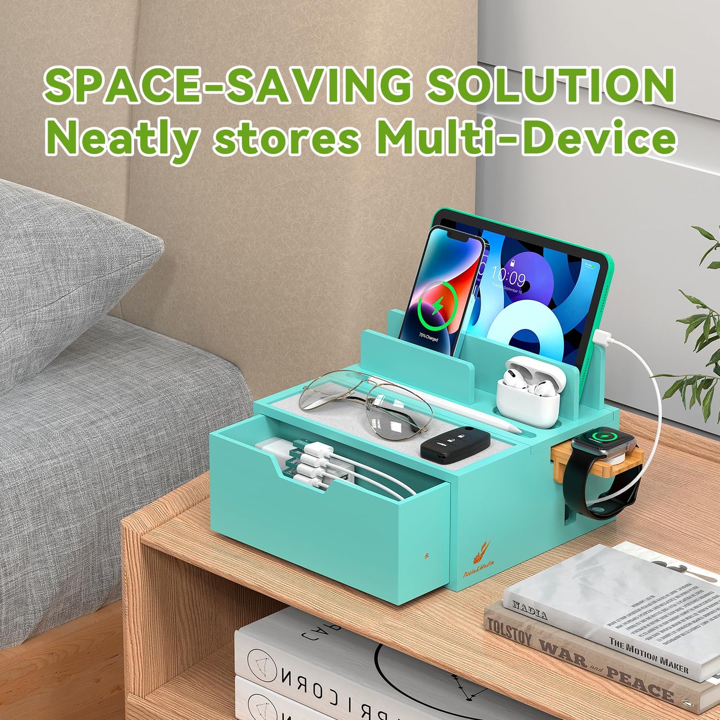 Pezin & Hulin Bamboo Charging Station for Multi Device, with Power Charger & Cables, Nightstand Docking Stand with Felt Pad Tray & Drawer, Compatible with Tablet, Cell Phone, Smart Watch-Teal