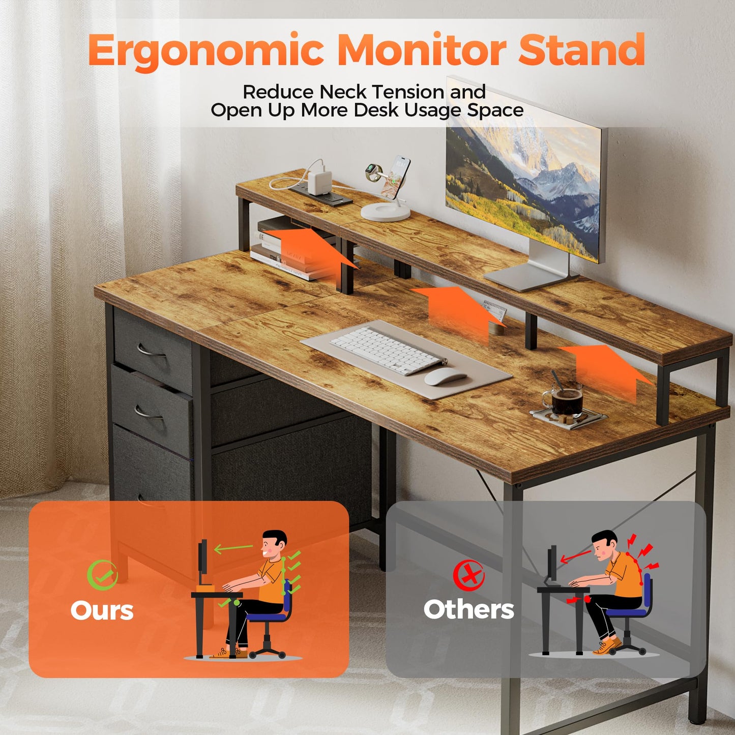 Mericonia Computer Desk 55 inch with Power Outlets & LED Lights, Gaming Desk with 3 Drawers for Home Office, Small Desk with Monitor Stand for Small Spaces, Study Writing Desk