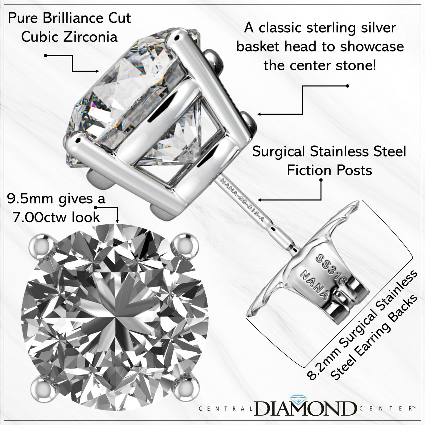 Central Diamond Center Round Simulated Diamond Stud Earrings Hypoallergenic Metal & Sterling Silver CZ - 9.50mm (7.00cttw) Platinum