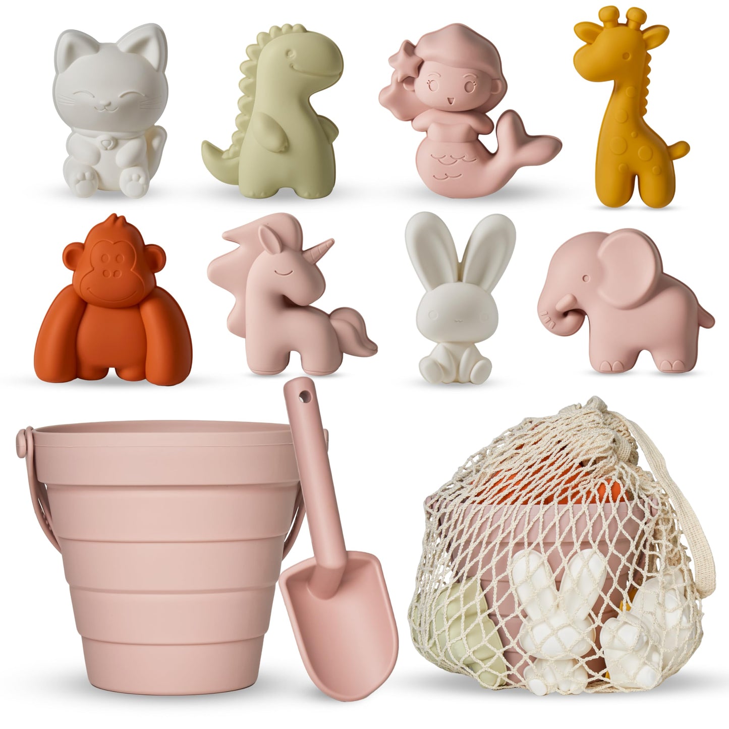 MarcZero 11Pcs Silicone Beach Toys,Collapsible Sand Bucket,Modern Baby Beach Toys,Travel Friendly Beach Set,Silicone Bucket,Shovel,Sand Molds, Beach Bag,Silicone Sand Toys for Toddlers, Kids (Pink)