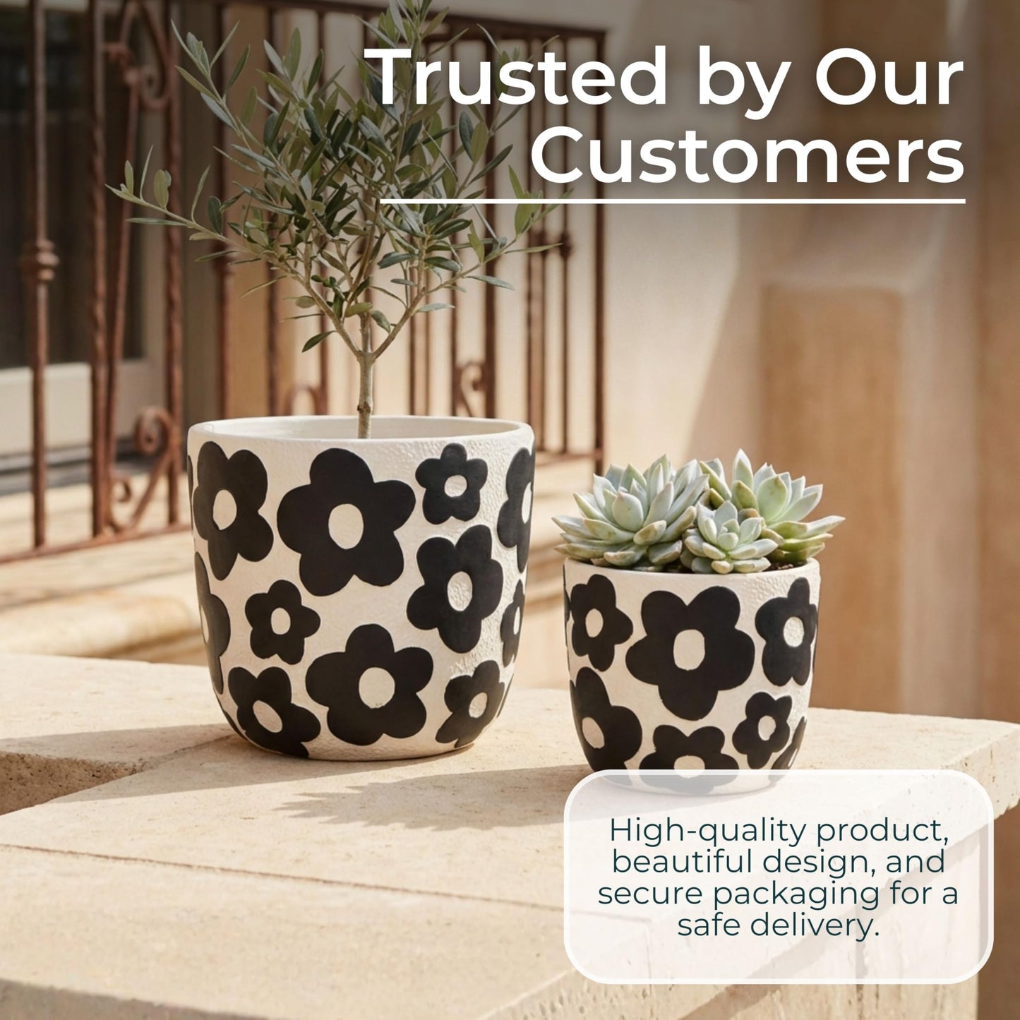Set of 2 Pottery Cement Planters – Versatile Plant Holders for Greenery and Styling, Flower Pots for Living Room, or Patio – Bold Floral Pattern, Modern Graphic Look, Home Decor – 6" & 8", Black