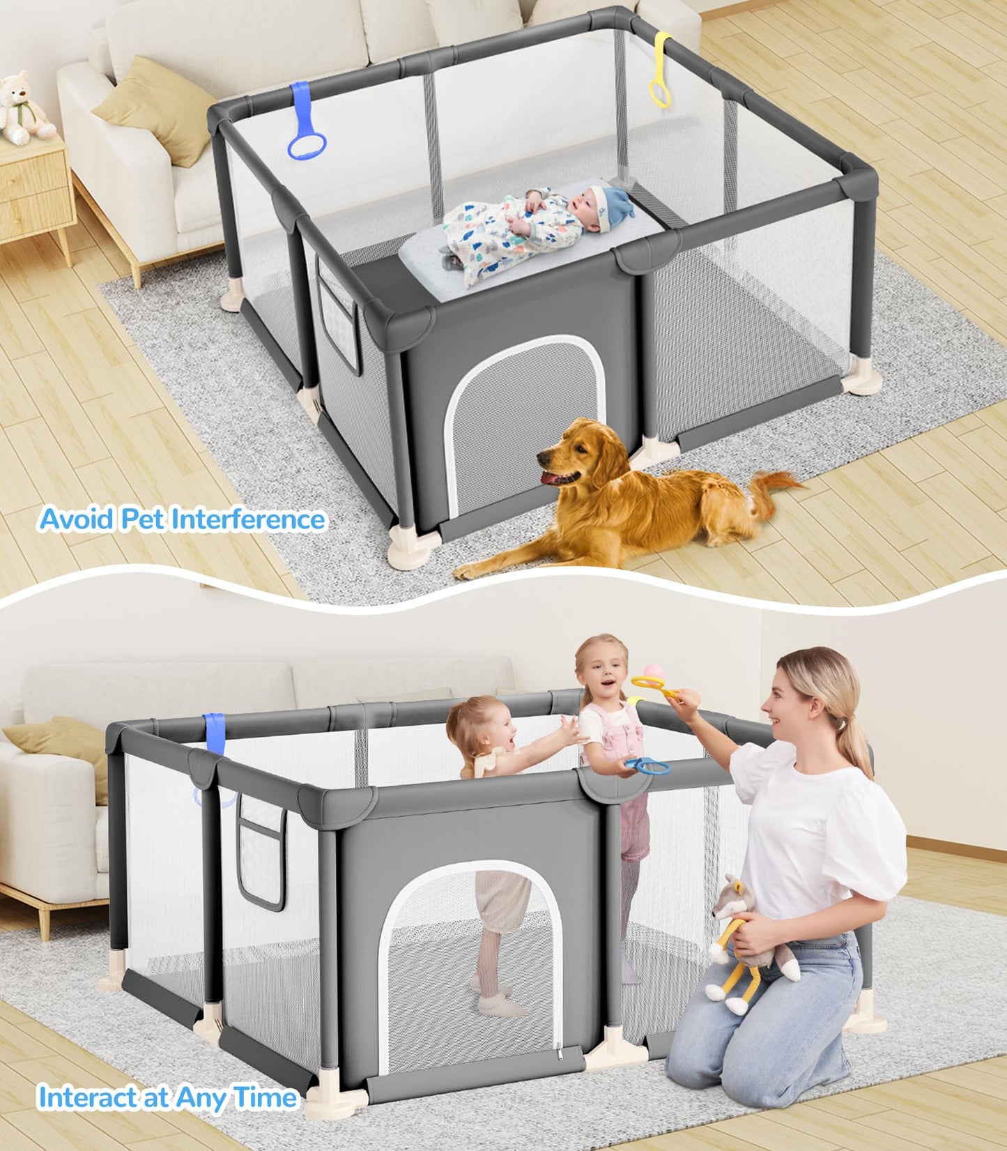 Dripex Baby Playpen, 47"x47" Small Playpen for Babies, Enhanced Safety Baby Play Yard for Indoor & Outdoor, Infant Play Pen with Soft Breathable Visible Mesh, Anti-Fall Design & Easy Setup, Grey