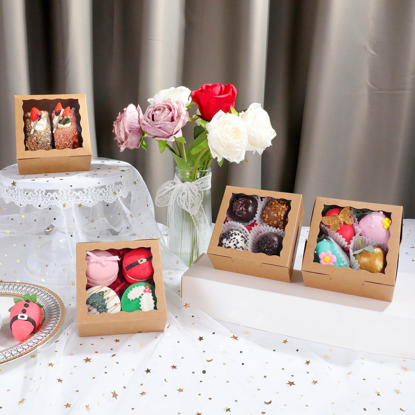 SLShePack 80 Pack 4x4x2 Bakery Treat boxes Cookies Boxes Mini Baking Boxes for Cake,Pie, Cinnamon Roll Treat,Chocolate Truffle Box Party Wedding Favor