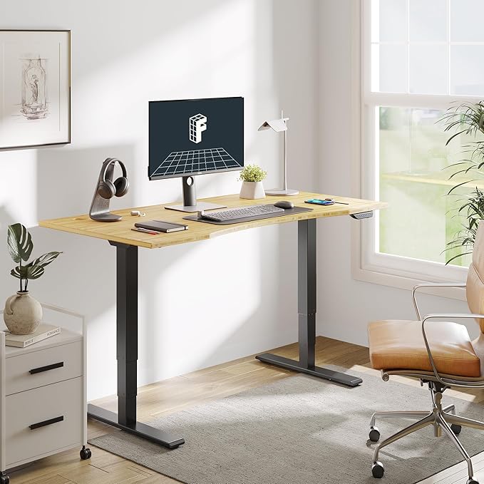 FLEXISPOT E6 MAX Bamboo Dual Motor 48x24 Inch 3-Stage Heavy Duty Standing Desk, 330lbs Weight Capacity, Height Adjustable Desk w/Cable Management & Wheels (Solid Bamboo Curved Desktop + Black Frame)