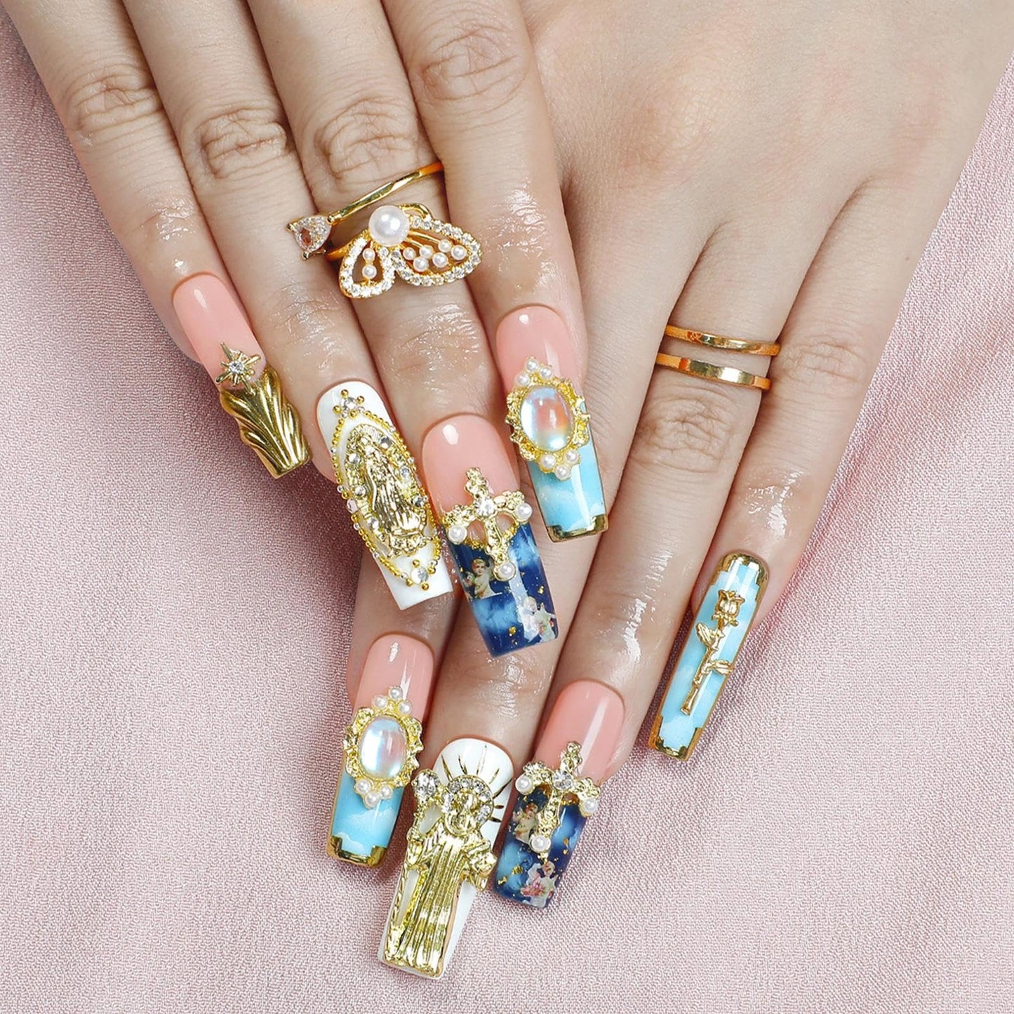 Handmade 3D Blue-Pink-Gold Royal Embossed Pearl Square Press On Nails, Luxury Retro Noble Style Artisan Nails Set, Reusable Glossy Press-ons with Tool Kit(S)