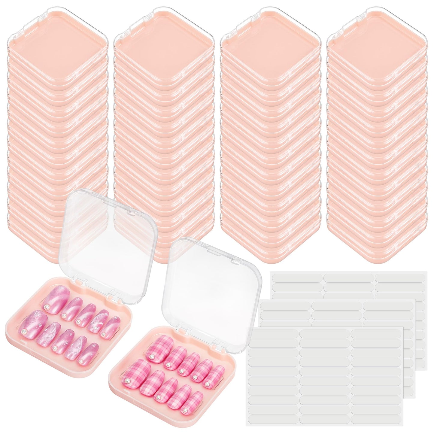 AceOrbit Press on Nail Boxes with 180 Pcs Adhesive Double Sided Tape Acrylic Press on Nail Packaging Cases Transparent Storage Case Organizer for Display Art Salon Supplies(Pink,48 Pcs)
