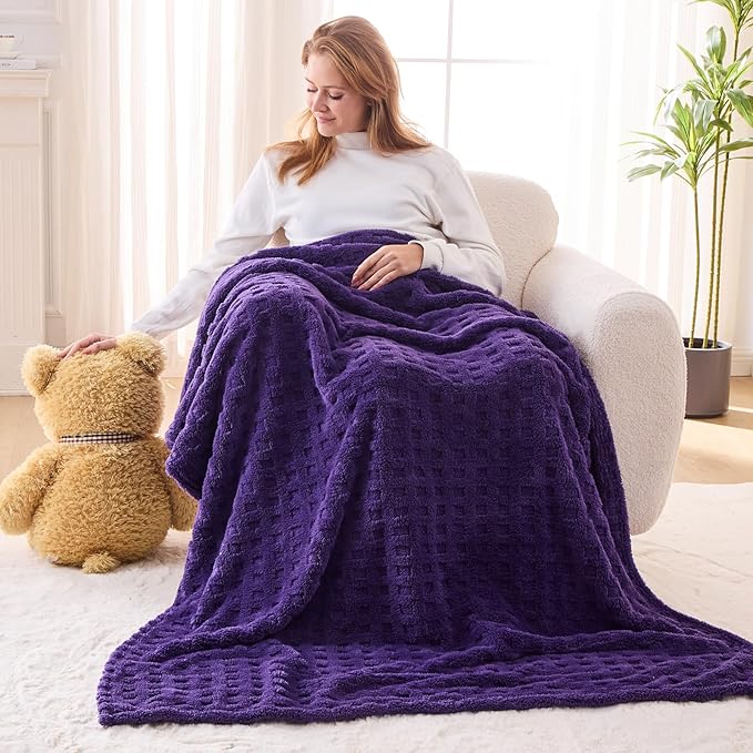 NEWCOSPLAY Super Soft Throw Blanket Purple Premium Silky Flannel Fleece 3D Waffle Checkered Lightweight Bed Blanket All Season Use (Dark Purple, Throw(50"x70"))