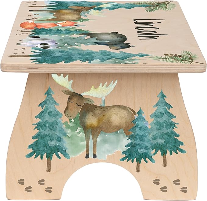 Step Stool for Toddlers- Personalized Wood Kids Step Stool with Name for Kitchen Sink, Bathroom, Potty Training, Toilet, Kitchen Sink- Sturdy and Safe- Made in USA by BloomOwl (Woodland Friends)
