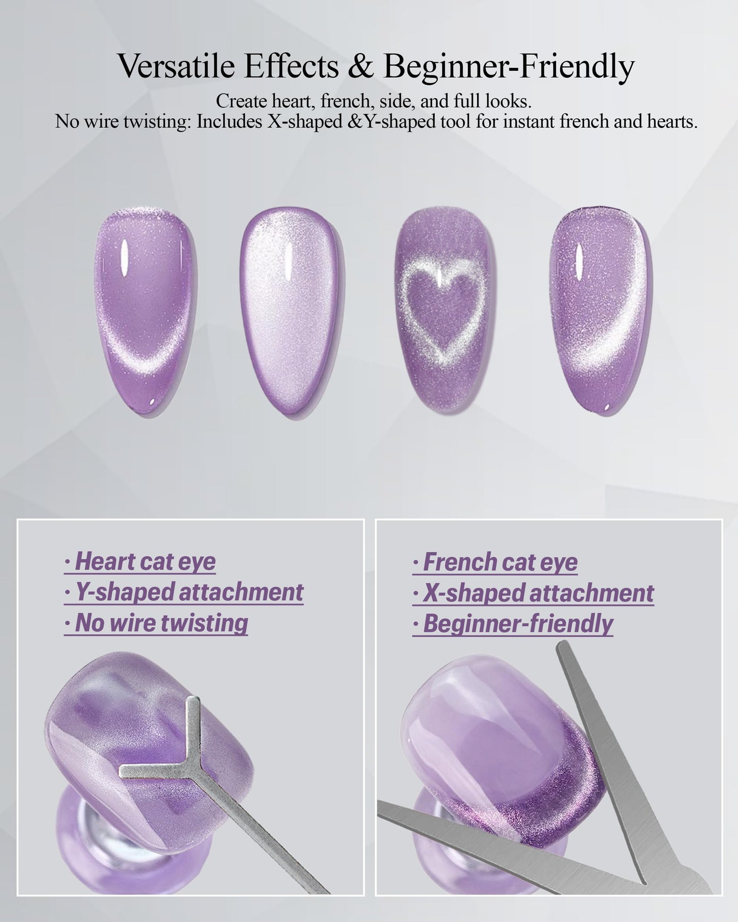 Cat Eye Magnet Set, Cat Eye Magnet for Nails, 3 in 1 Cylinder & Ball Nail Magnet Pen, Heart-Shaped & French-Shaped Magnets for Nails, Nail Art Tool, Home DIY Purple