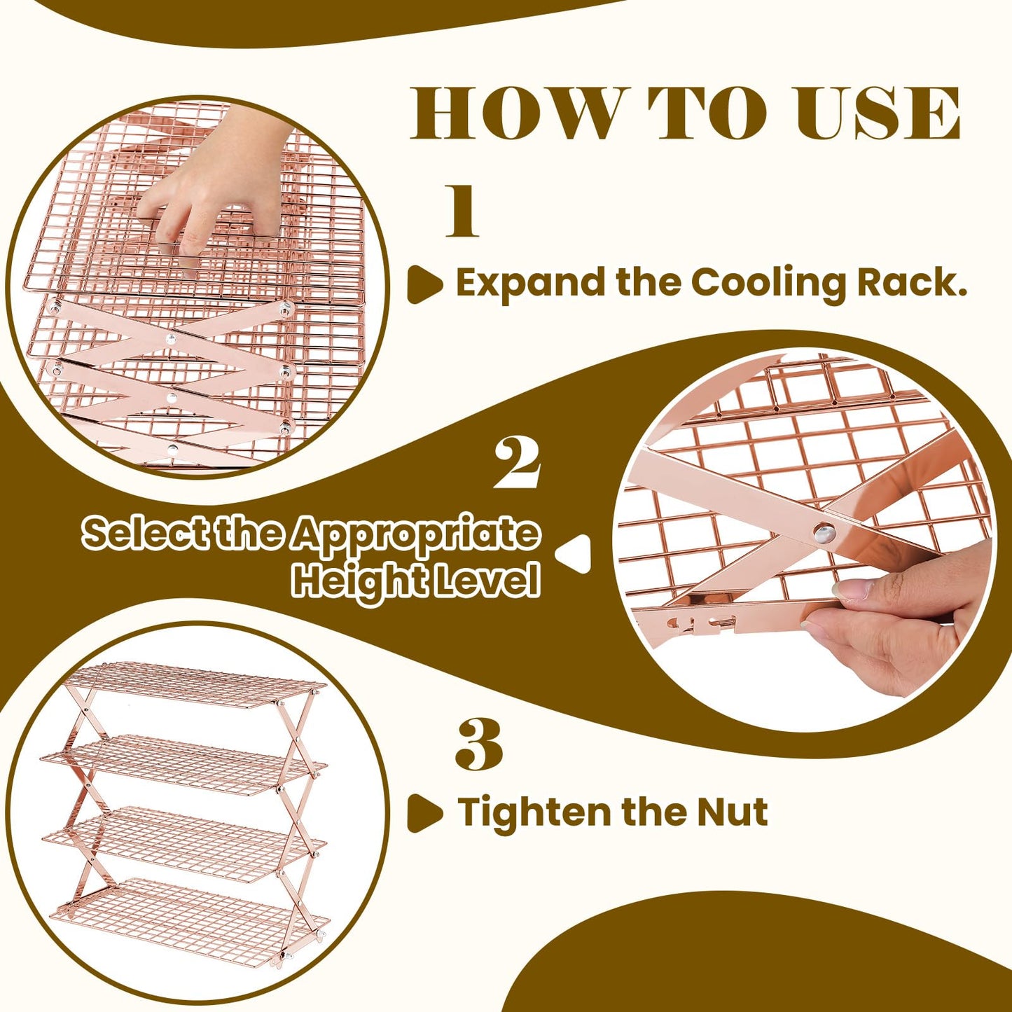 BEWOS 4 Tier Collapsible Cooling Rack - Adjustable Stainless Steel Baking Rack with Mesh Leak Proof，Foldable X-Shaped Structure Cooling Racks for Cooking and Baking, Dishwasher Safe（ Rose Gold）