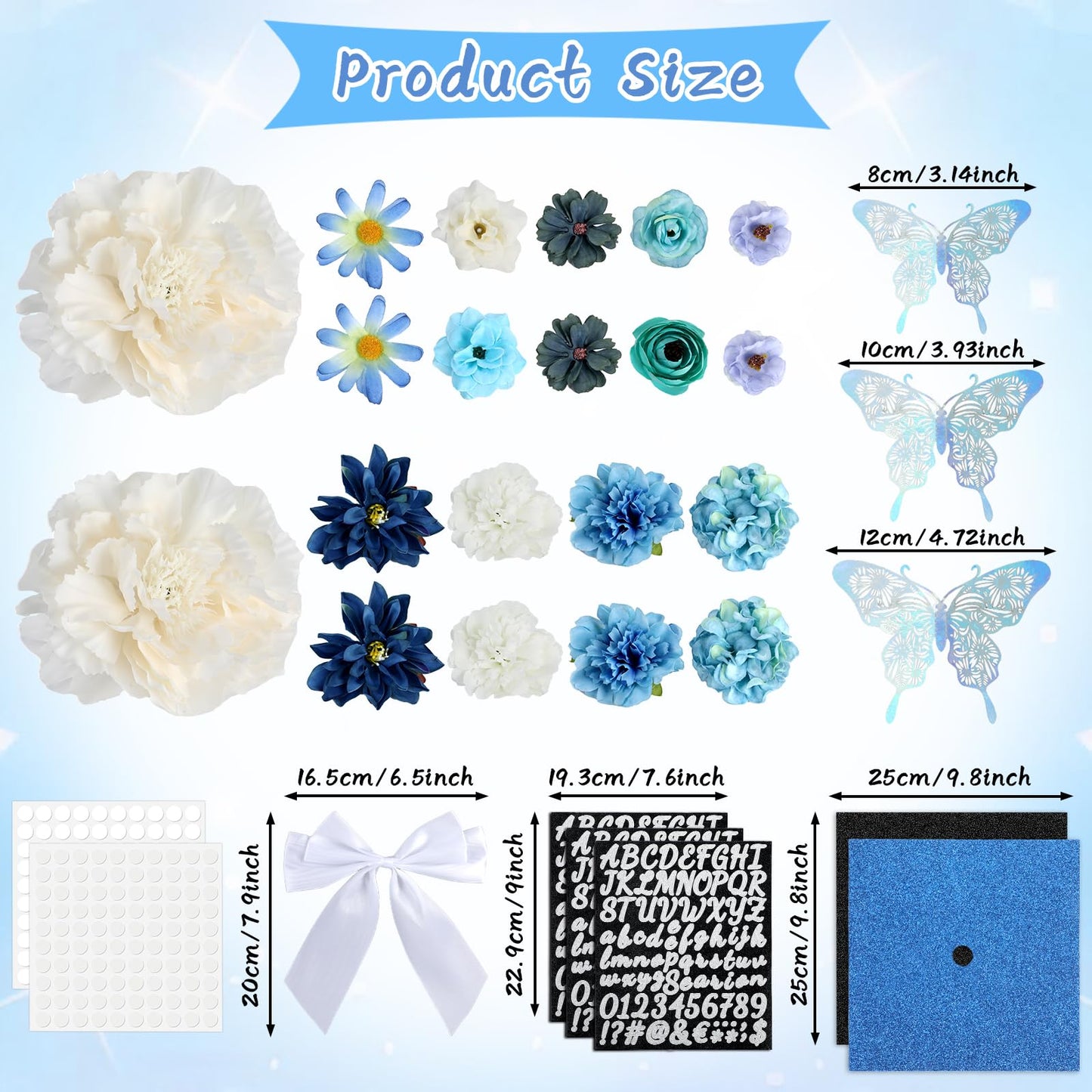 Naozinebi 55 Pcs Blue DIY Graduation Cap Decorations Faux Assorted Flowers blue Bows 3D Butterfly Stickers Glitter Alphabet Letter Number Decals for DIY Hat Grad Cap Topper Graduation Party Supplies