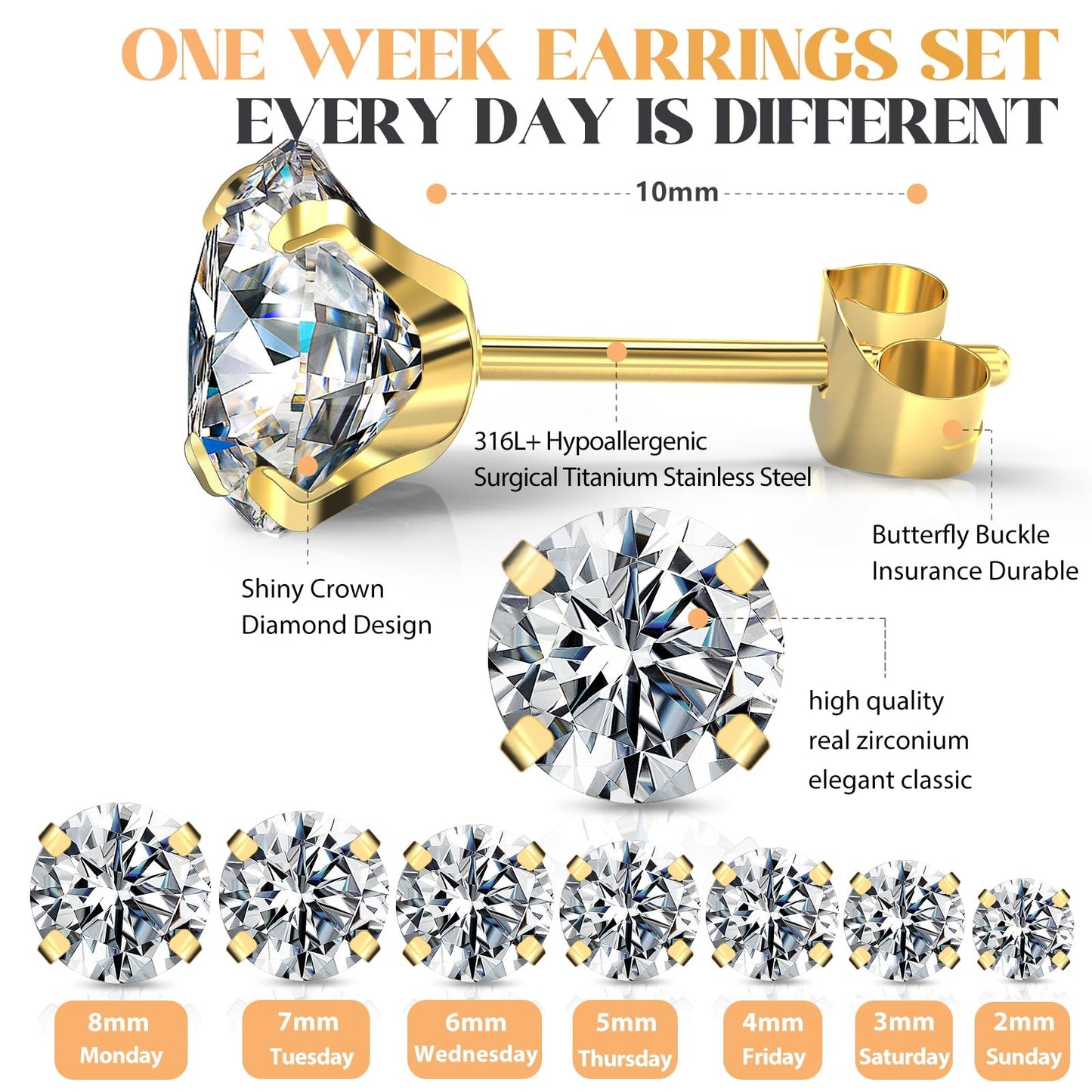 JICHENGEM 7Pairs Hypoallergenic Cubic Zirconia Titanium Stainless Steel Silver Stud Earrings Set