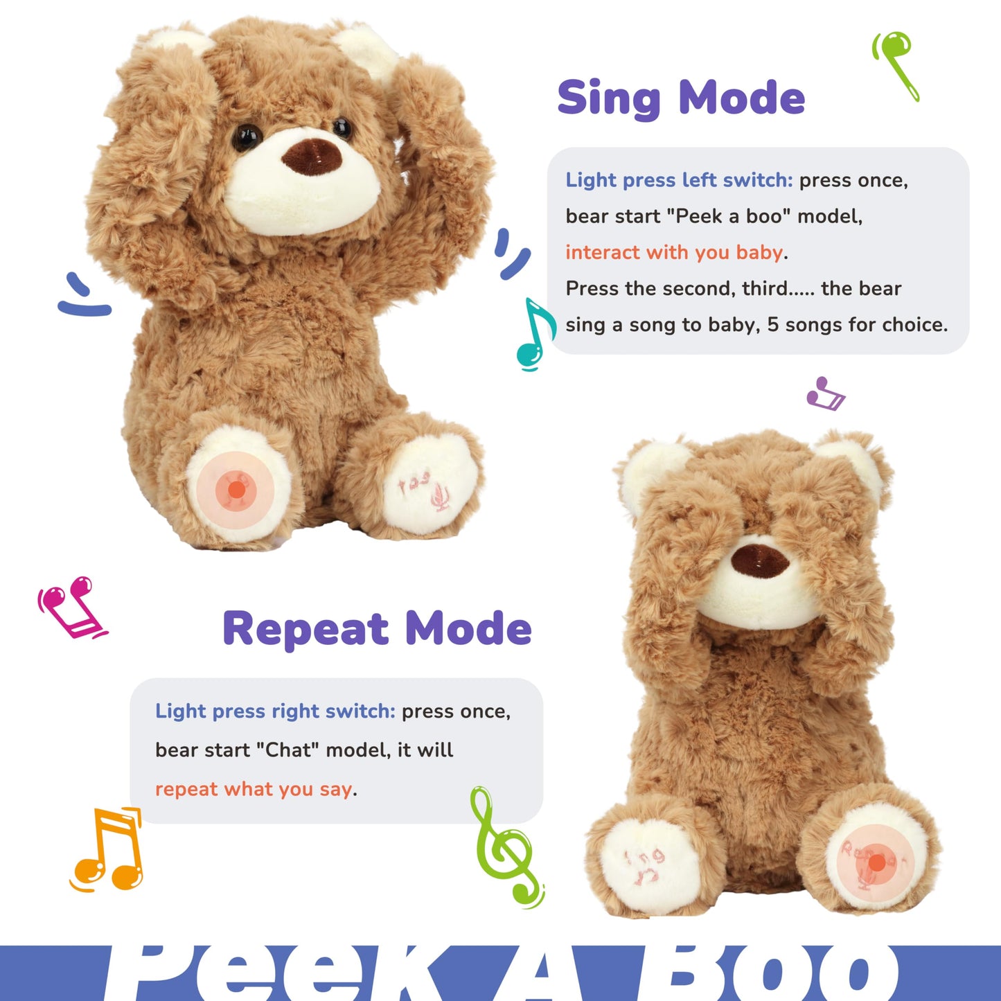 Hopearl Peek A Boo Bear Interactive Repeats What You Say Plush Teddy Bear Toy Musical Singing Talking Stuffed Animal Adorable Electric Animate Gift for Toddlers, Brown, 11''