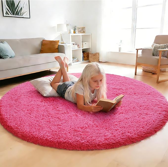 yulidayang Fluffy Round Area Rugs for Bedroom,Hot Pink 4'X4'Shag Circle Area Rugs for Living Room,Non Slip Fuzzy Plush Rug for Kids Room Boys Girls Room and Dorm