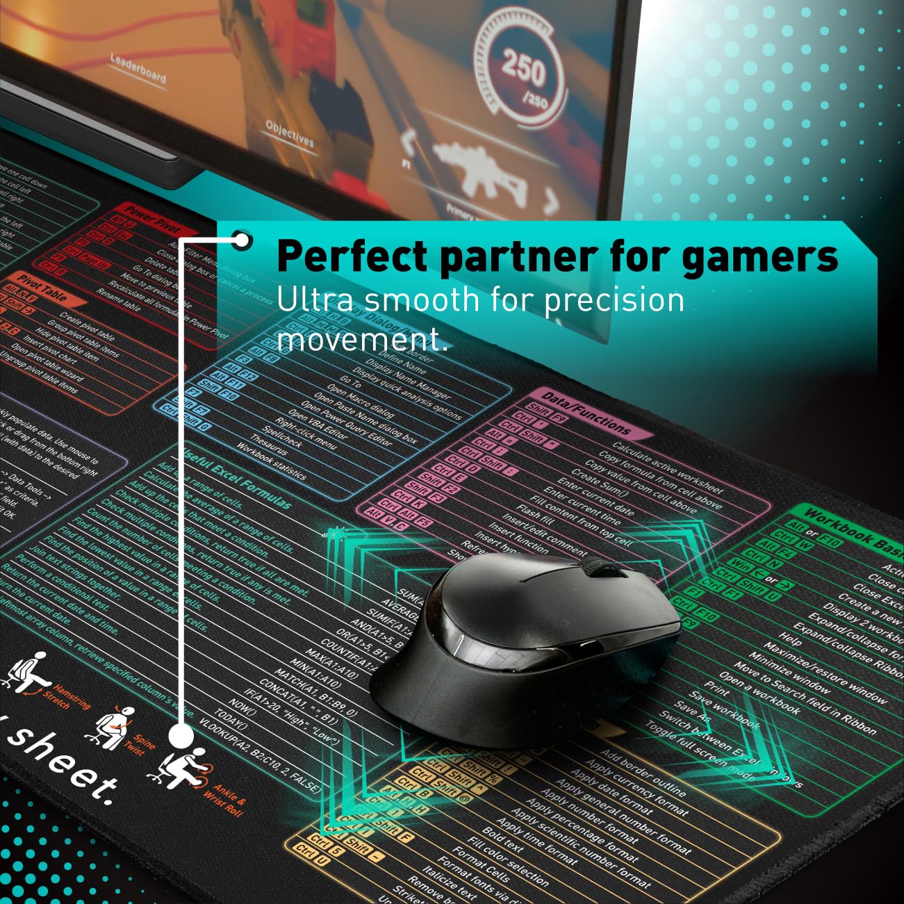 Pixiecube Excel Shortcut Keys Mouse Pad - Extended Large XL Cheat Sheet Gaming Mousepad | PC Office Spreadsheet Keyboard Mat | Non-Slip Stitched Edge