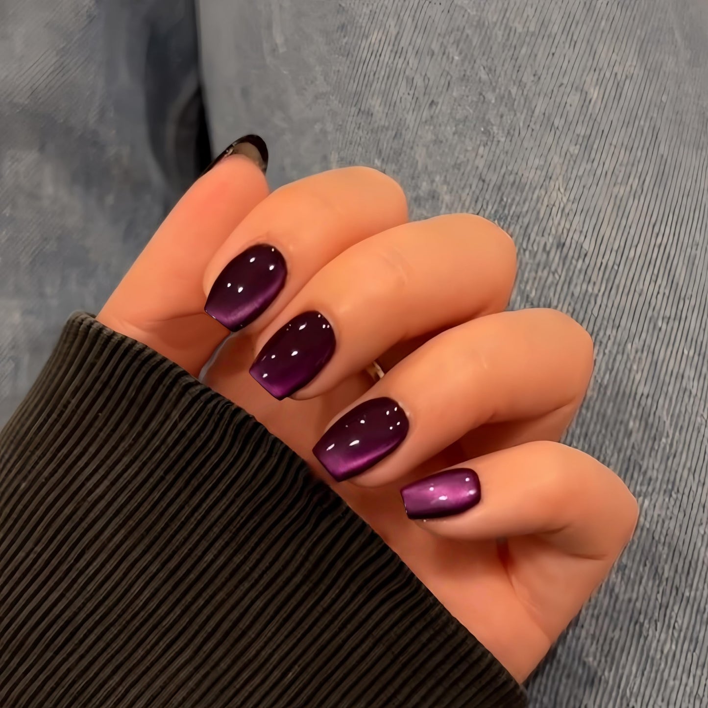 KQueenest Purple Cat Eye Press on Nails Short, 30 Pcs Acrylic Press on Nails Square, Sparkly Glitter Black Fake Nails Press on Short, Reusable Chrome Soft Gel Glue on Nails for Women, Gothic Design