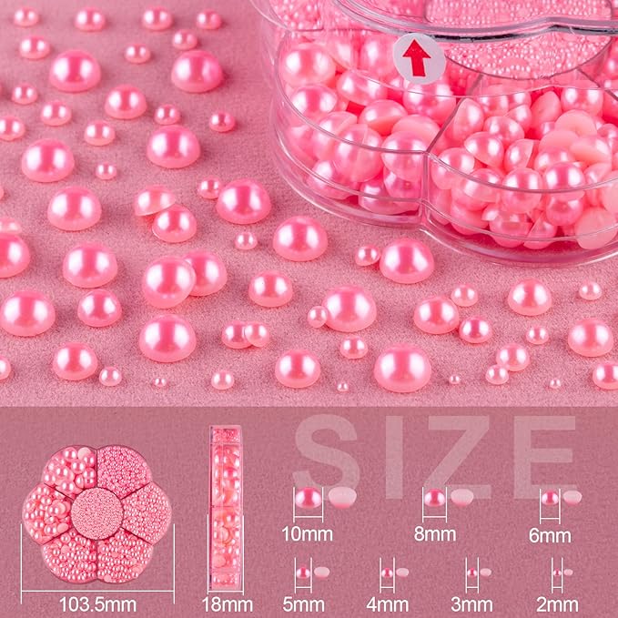 Nail Art Flat Back Half Round Pearl Kits 12, 1 Box of 6000 Pcs Flat-Back Pink Pearl with Tweezer and Picker Pencil for Home DIY Nails Body Face Craft and Salon Use