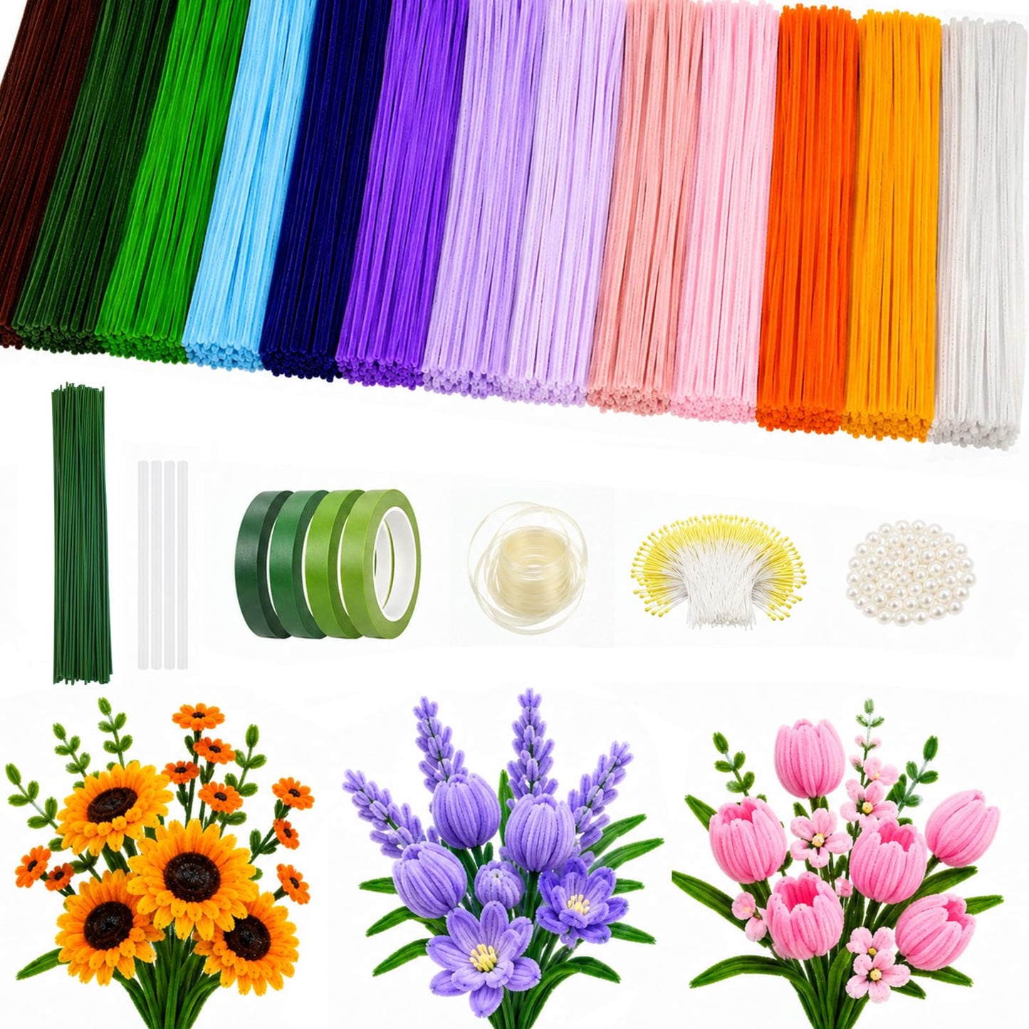800PCS Pipe Cleaner Flower Kit, DIY Pipe Cleaners Craft Bouquet Making Kit with Floral Wires & Tape, DIY Chenille Stems Craft Supplies with Wrapping Paper & Ribbon for Home Decor