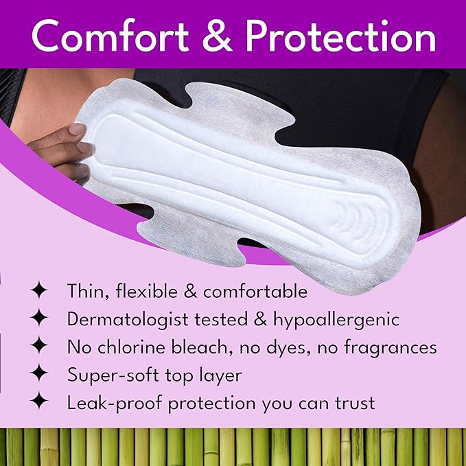 Sparkle Bamboo Maxi Pads | Plant-Based Feminine Hygiene Pads for Women | Super Soft & Leak-Proof with Wings | USDA Certified Biobased, Chlorine-Free, Hypoallergenic Protection | Overnight, 40 Count