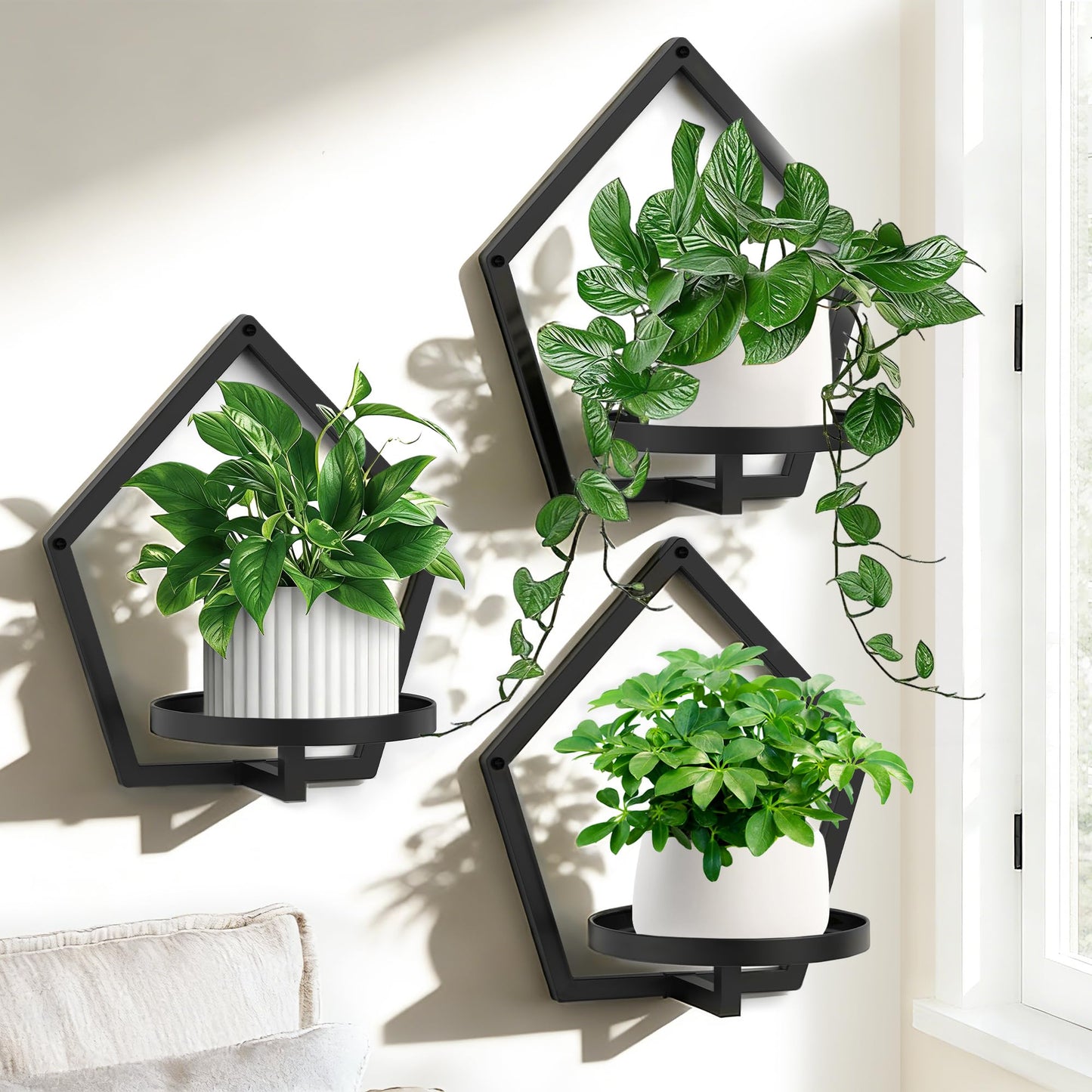 JOPBENG 3 Packs Wall Hanging Planters for Indoor Plants, 7.9inch Metal Wall Plant Holder Hanger Wall Decor, Wall-Mounted Hanging Planters Window Plant Shelves Outdoor(Black)