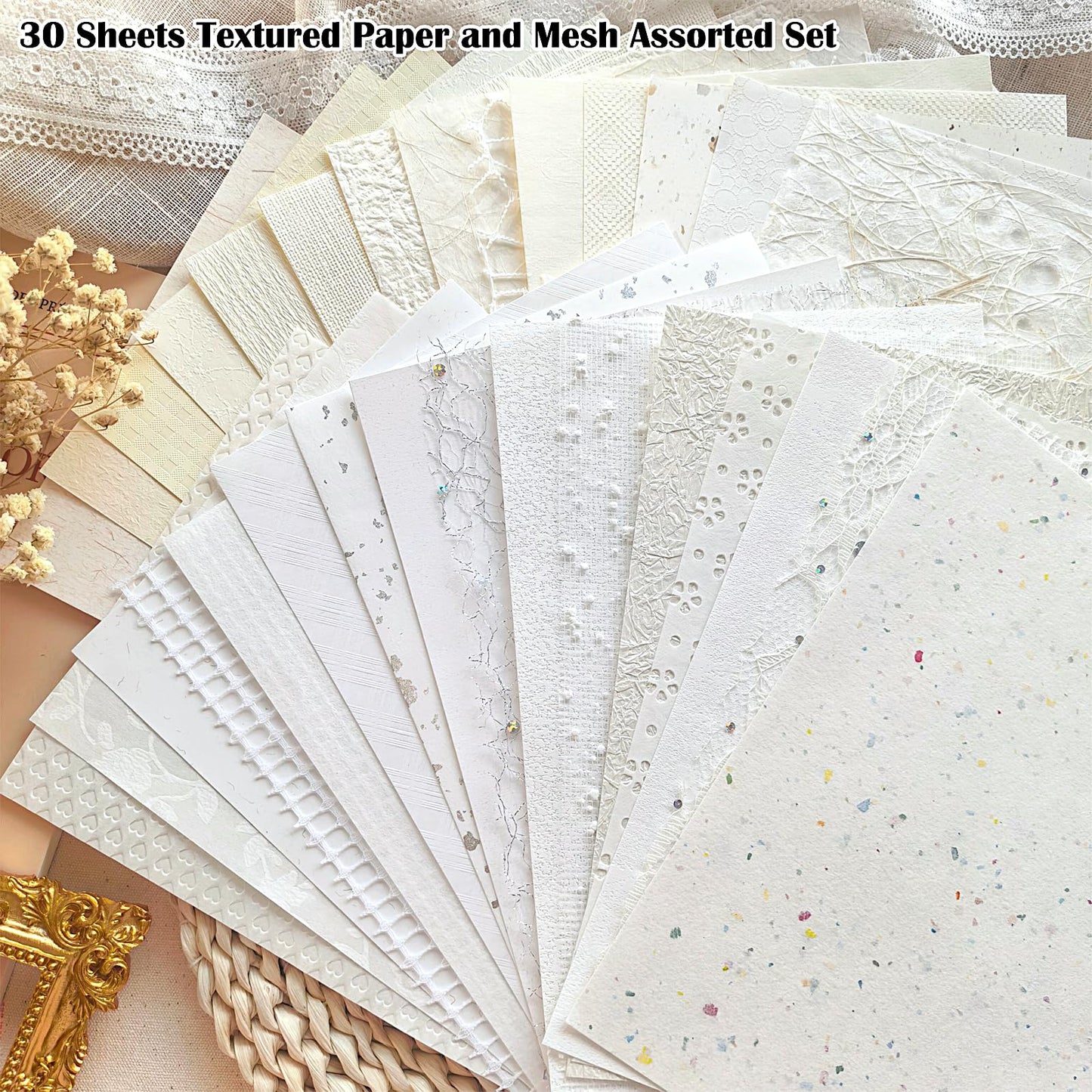 Flartmo 30 Sheets A5 White Textured Scrapbook Paper and Mesh Fabric Mix, Scrapbook Supplies for Junk Journaling, Scrapbooking, Card Making Supplies, Decorative Paper for Crafts & Mixed Media Art