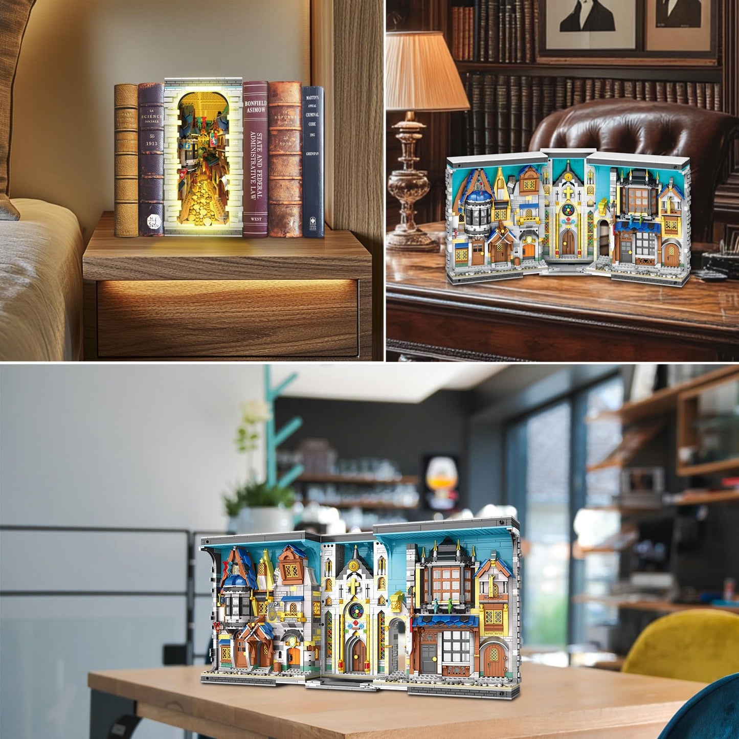 Reobrix Medieval Architecture Book Nook Building Set with Lights, European Century Street View Bookshelf Insert Decor, Bookshelf Diorama Building Blocks Kit, DIY Miniature House Model Kit