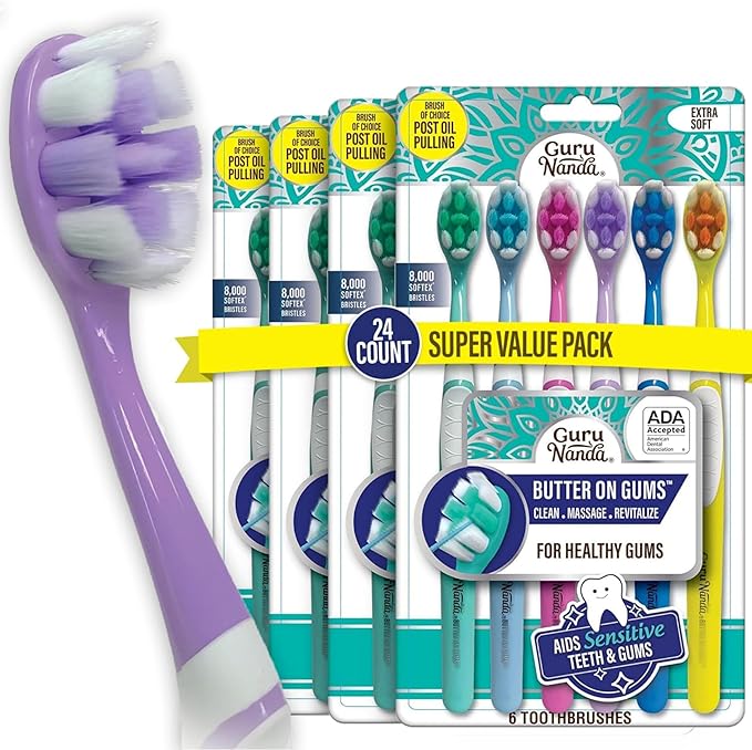 GuruNanda Butter On Gums Toothbrush, ADA Accepted, with 8000+ Ultra Soft Softex Bristles for Sensitive & Receding Gums, Perfect for Whiter Teeth, 6 Ct (Pack of 4)