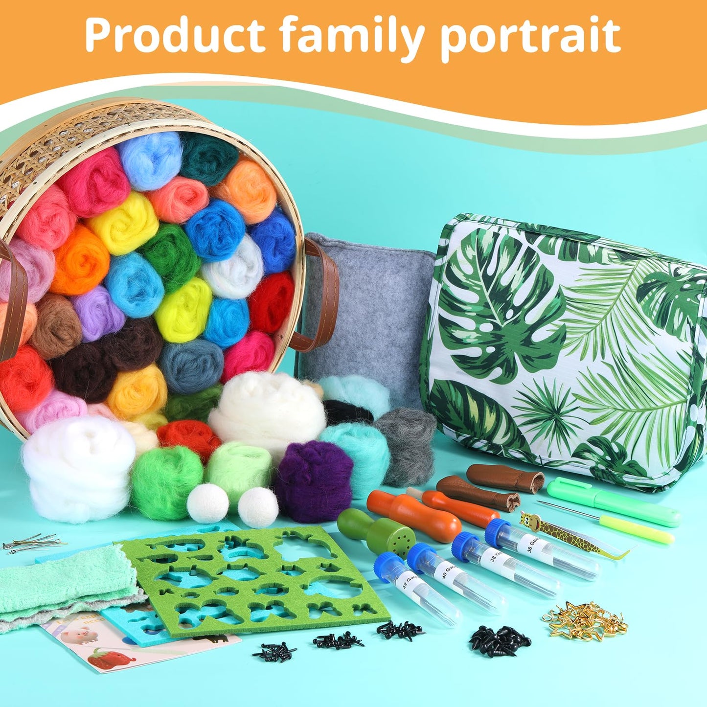 JNENERY Needle Felting Kit, 42 Colors Wool Roving Starter Kit, Needle Felting Starter Kits, Needle Felting Wool with Felt Tools, Instructions, Green Storage Bag for Felted Animal