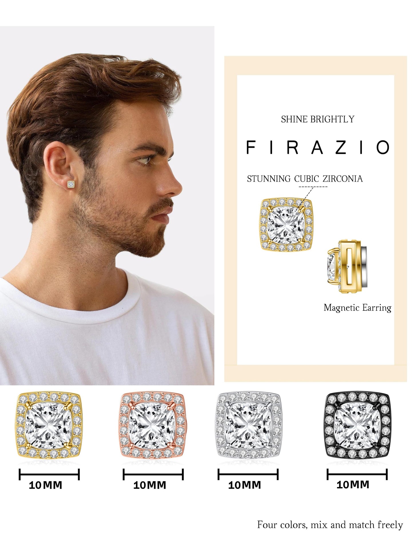 4 Pairs Stud Earrings Set Princess & Round Cubic Zirconia Earrings Hypoallergenic 316L Surgical Stainless Steel CZ Earrings for Women Men (Square)