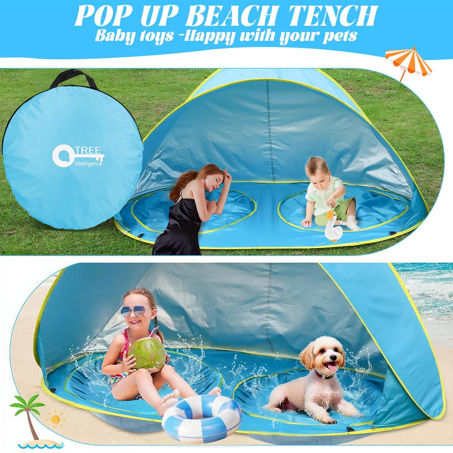 QTREE intelligence Baby Beach Tent-2 Pools Pop Up UPF 50+ Sunshade with Carry Bag, Portable for Travel,Beach,Camping,Indoor