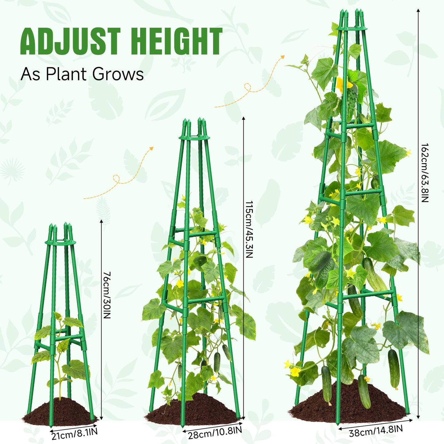 2 Pack 64" Tall Adjustable Obelisk Garden Trellis for Climbing Plants, Rust-Proof Pe Coated Metal Plant Trellis Support for Raised Beds, Potted Vines, Cucumbers, Tomatoes, Indoor Outdoor Use (2 Pack)