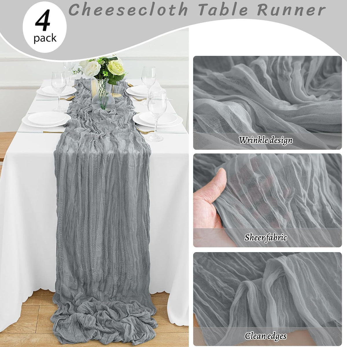 4Pack Grey Table Runner 10FT Cheesecloth Table Runner 35x120Inch Long Boho Cheese Cloth Table Runners Rustic Gauze Table Runners for Party Wedding Bridal Shower Baby Shower Decorationsor