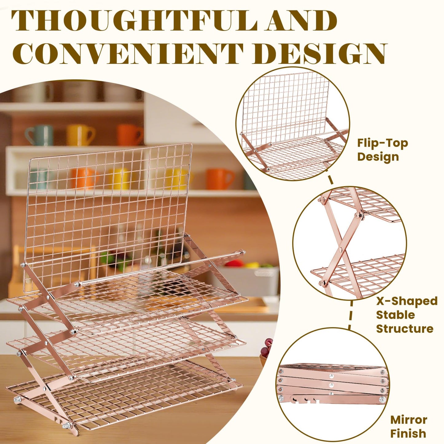 BEWOS 4 Tier Collapsible Cooling Rack - Adjustable Stainless Steel Baking Rack with Mesh Leak Proof，Foldable X-Shaped Structure Cooling Racks for Cooking and Baking, Dishwasher Safe（ Rose Gold）