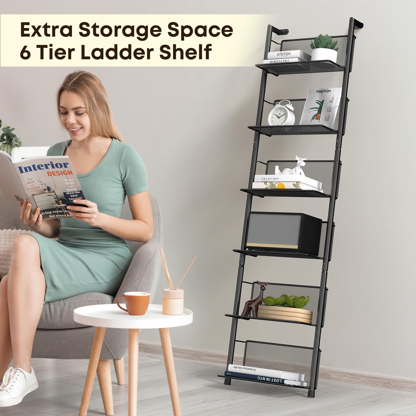Docnest 6 Tier Ladder Shelf Wall Mounted, 47.6 Inch Metal Bookshelf Organizer, Modern Floating Shelves for Plants Books Home Decor, Black