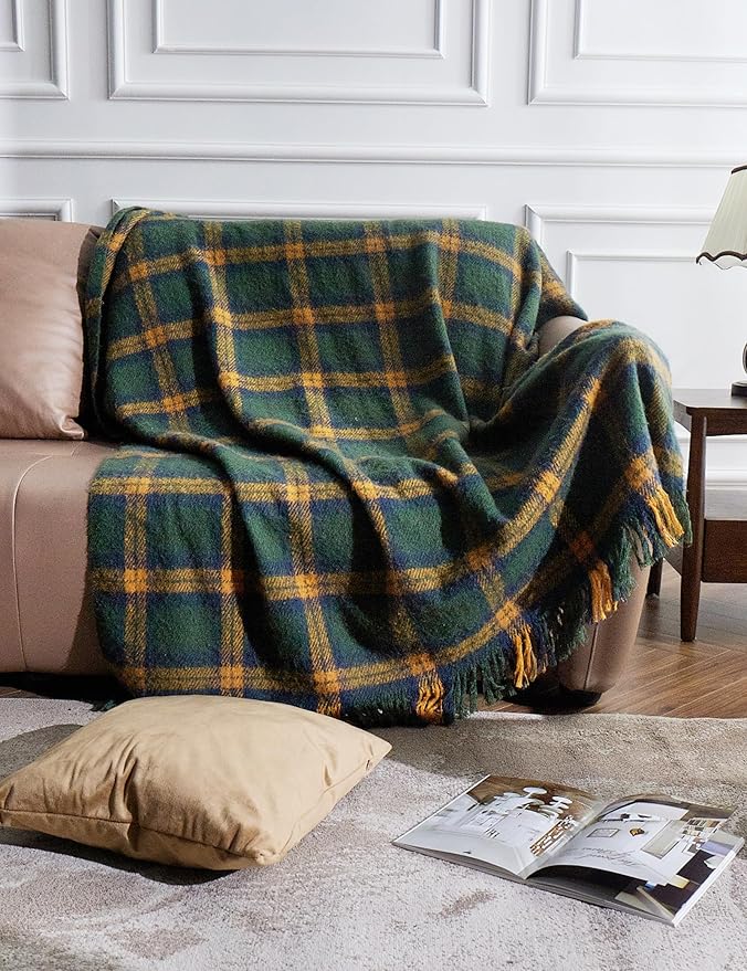 ZonLi Green Plaid Throw Blanket for Couch, Fall Throw Blanket for Home Decor, Soft Lightweight Cozy All Season Decorative Vintage Blankets with Tassel for Bed and Sofa, 50'' x 60''