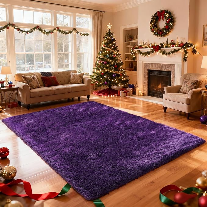 Shag Area Rugs for Bedroom Living Room,8X10 Ultra Soft Purple Fluffy Area Rugs for Dorm, Indoor Carpet Nursery Rugs for Kids Room Home Decor, Purple