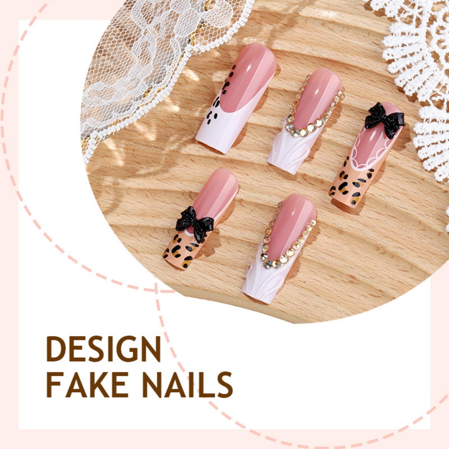 SEENEEY Long Press on Nails Square Fake Nails Brown Artificial Nail Leopard and Black Bow Designs Cute Stick on Nail for Women 24pcs