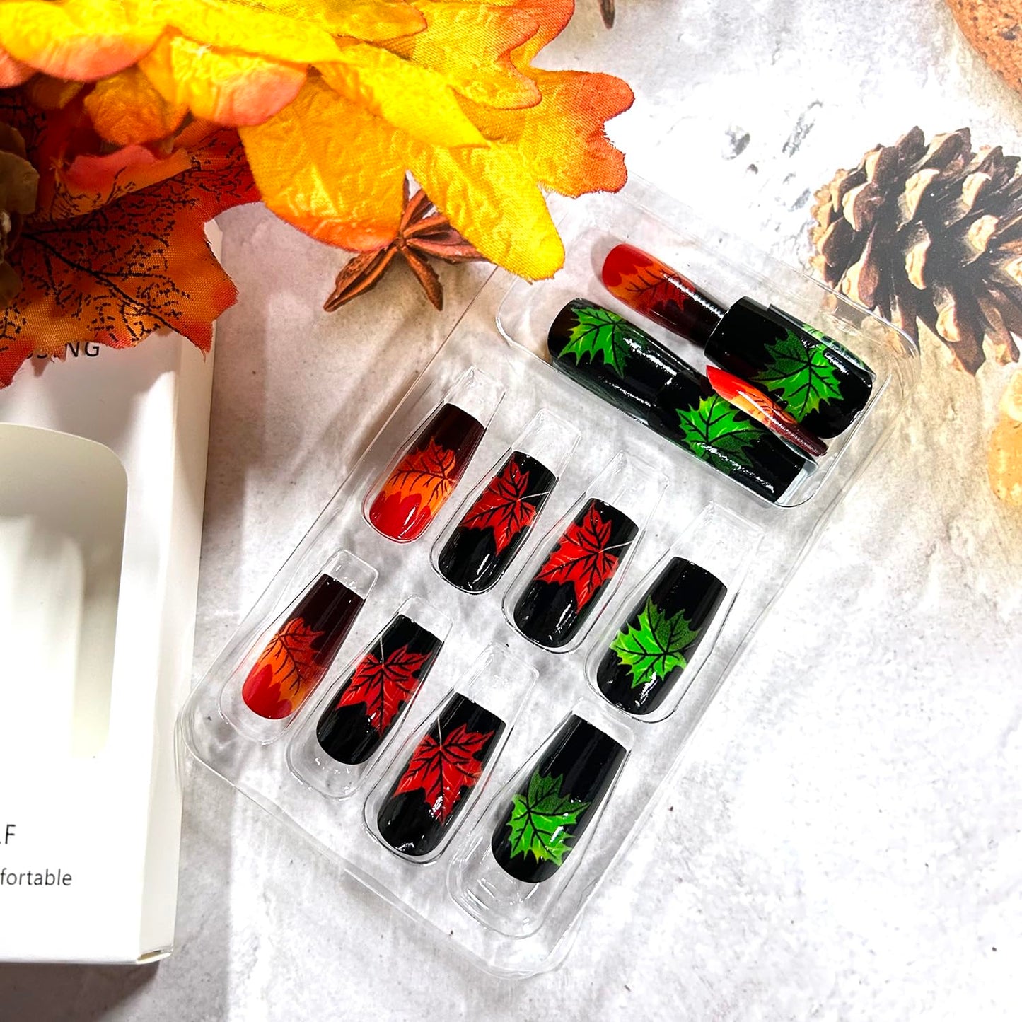 Autumn Thanksgiving Day Press on Nails Medium Square Shaped Artificial Acrylic Nails Colorful Maple Leaf Stick on Nails Full Cover Reusable Coffin Artificial Fingernails for Women Festival 24Pcs