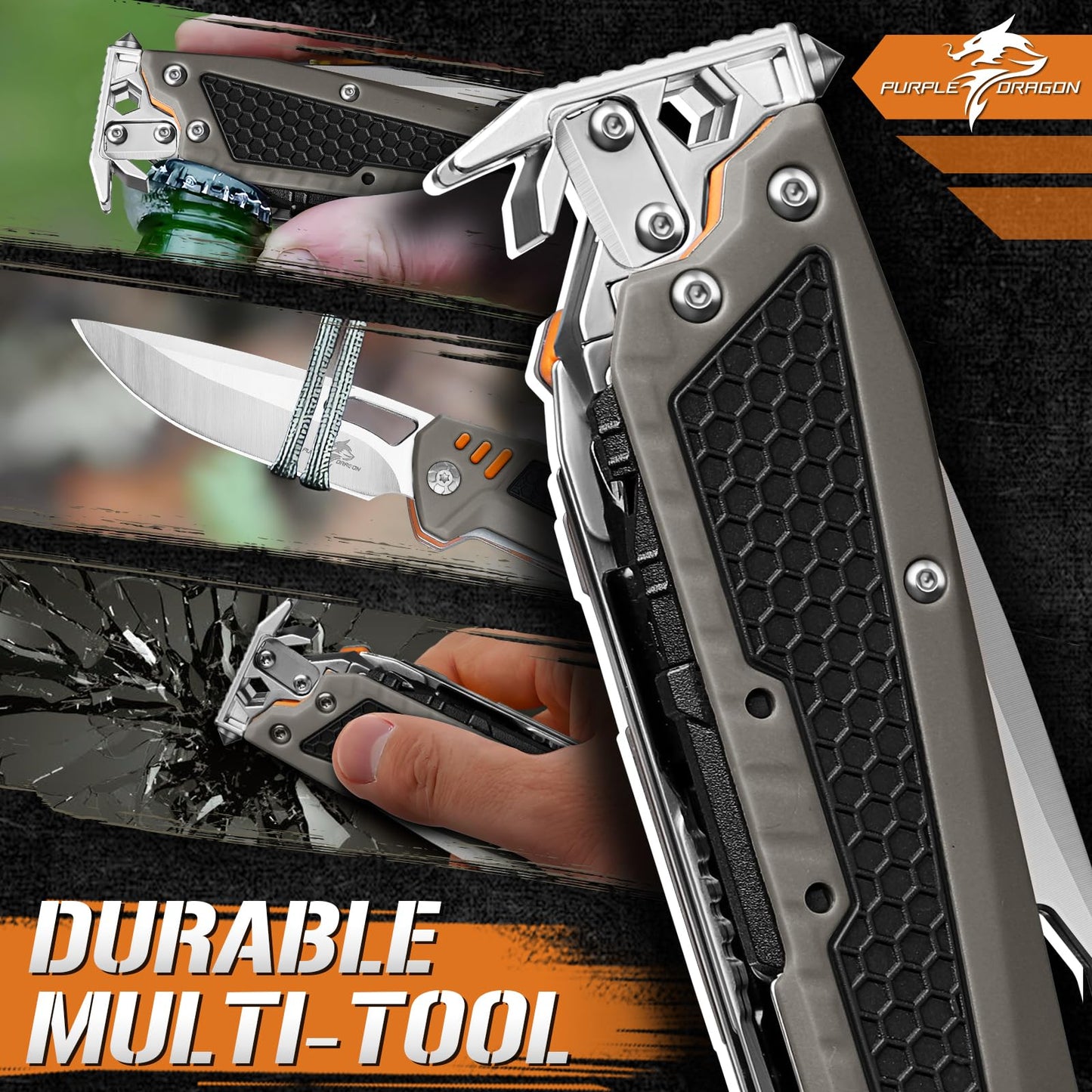 Purple Dragon Multitool,13-in-1 Pocket Knife with Sheath,Perfect for Camping, Hiking & Outdoor Use, Gift for Men Dad Husband– Grey