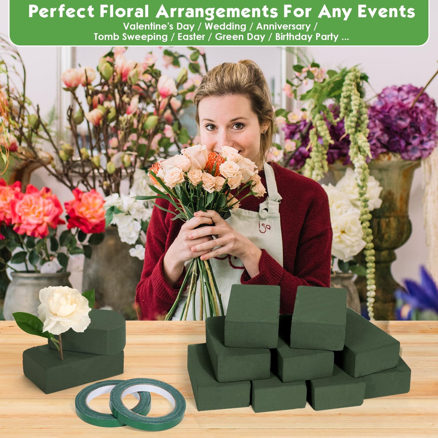 MAPVOLUT 10 Pcs Small Floral Foam Blocks 5.5” x 3.1” x 1.7”, with 2 Rolls Waterproof Floral Tape - 12mm x 65.62ft, for Fresh or Artificial Flower Arrangements, DIY Wedding, Home Decor, and Crafts