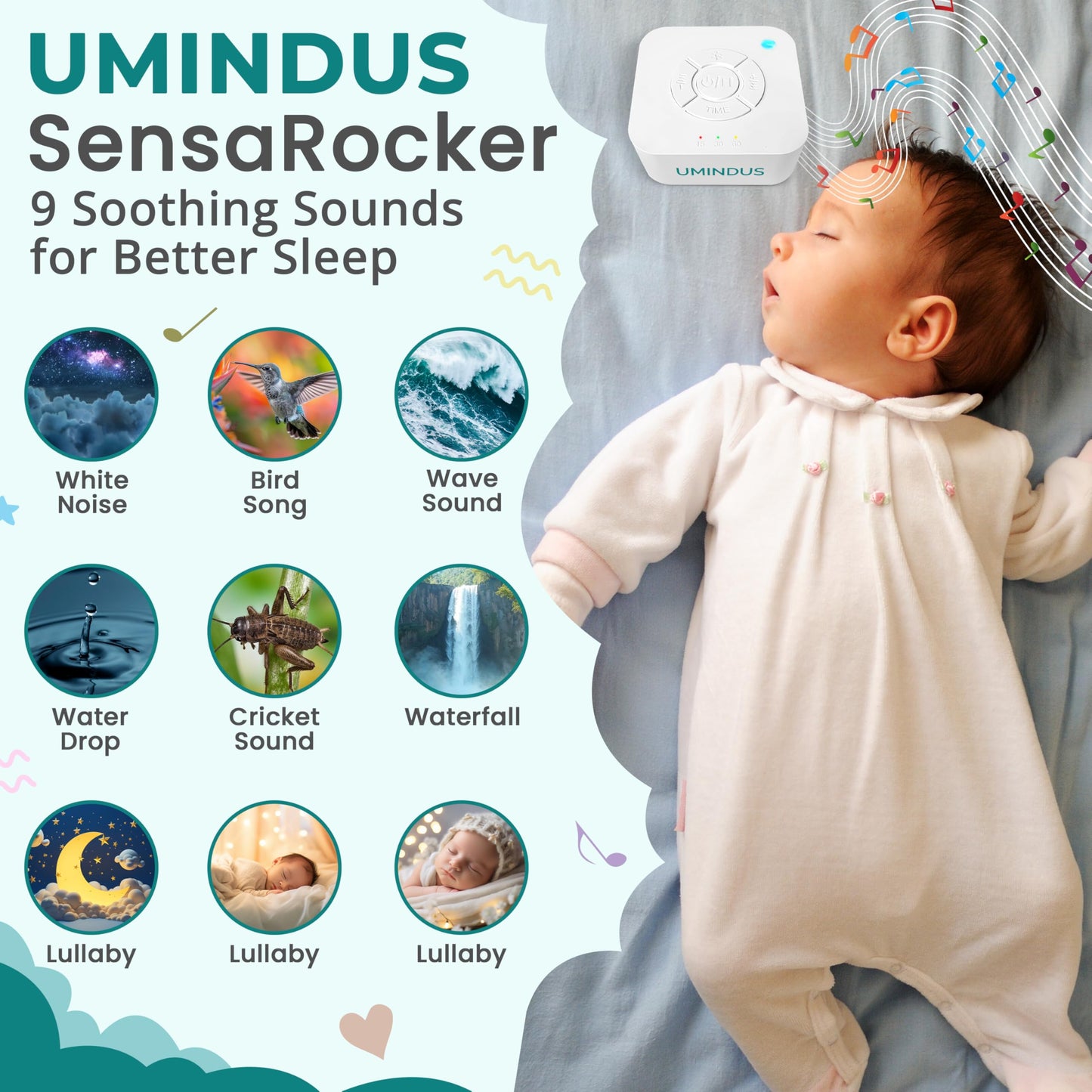 SensaRocker 2-in-1 Baby Stroller Rocker & Portable Sound Machine, Hands-Free Soothing with 5 Speeds, 9 Sounds, Night Light, Rechargeable, 2 Mounts for Strollers, Bassinets & Car Seats