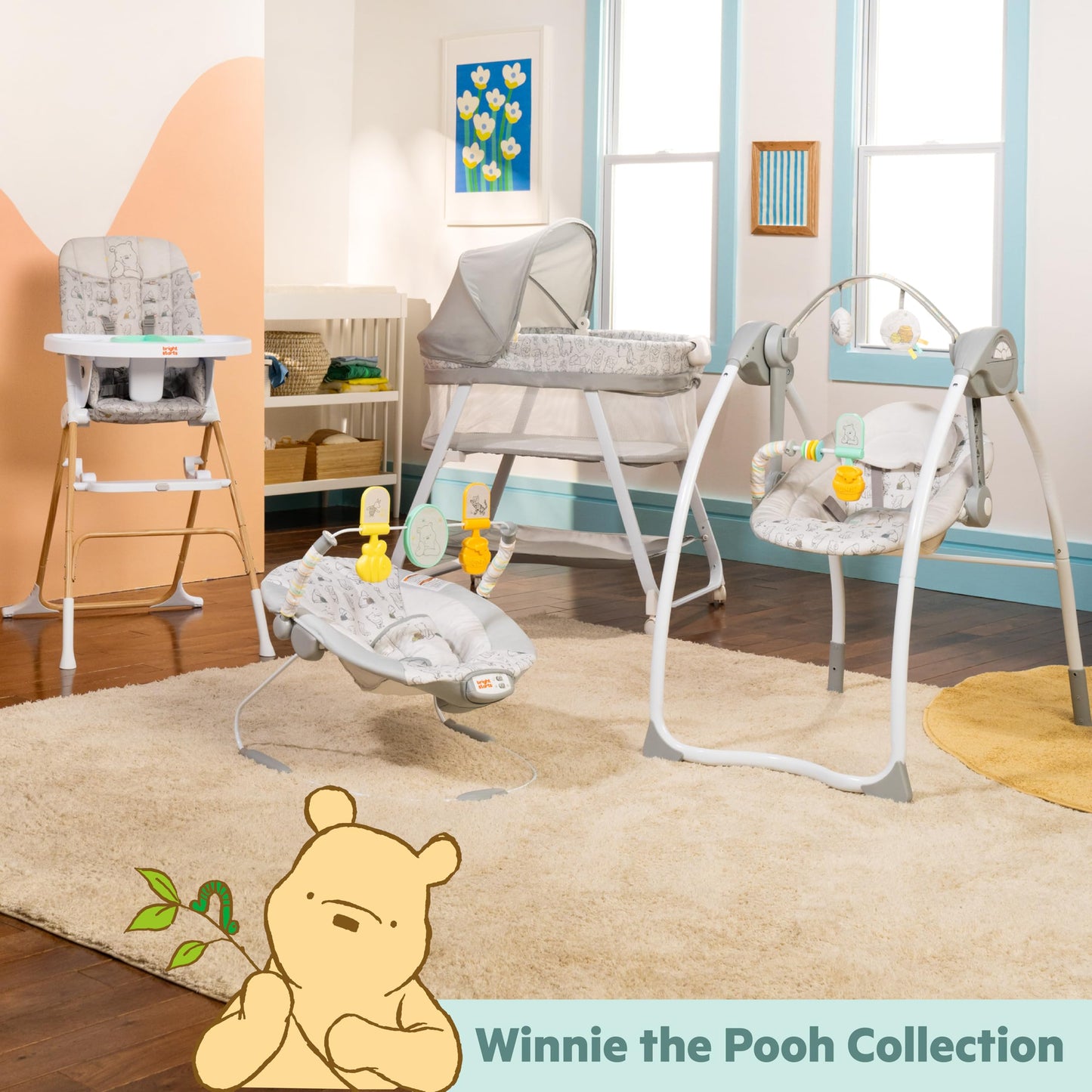 Bright Starts Disney Baby Winnie The Pooh Compact Folding High Chair, Food-Grade Safe Plate, 5-Point Harness, for Ages 6 Months and Up, Unisex – Classic Pals Pattern